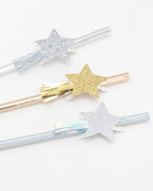 2 silver paper straws with star and 1 gold star with star