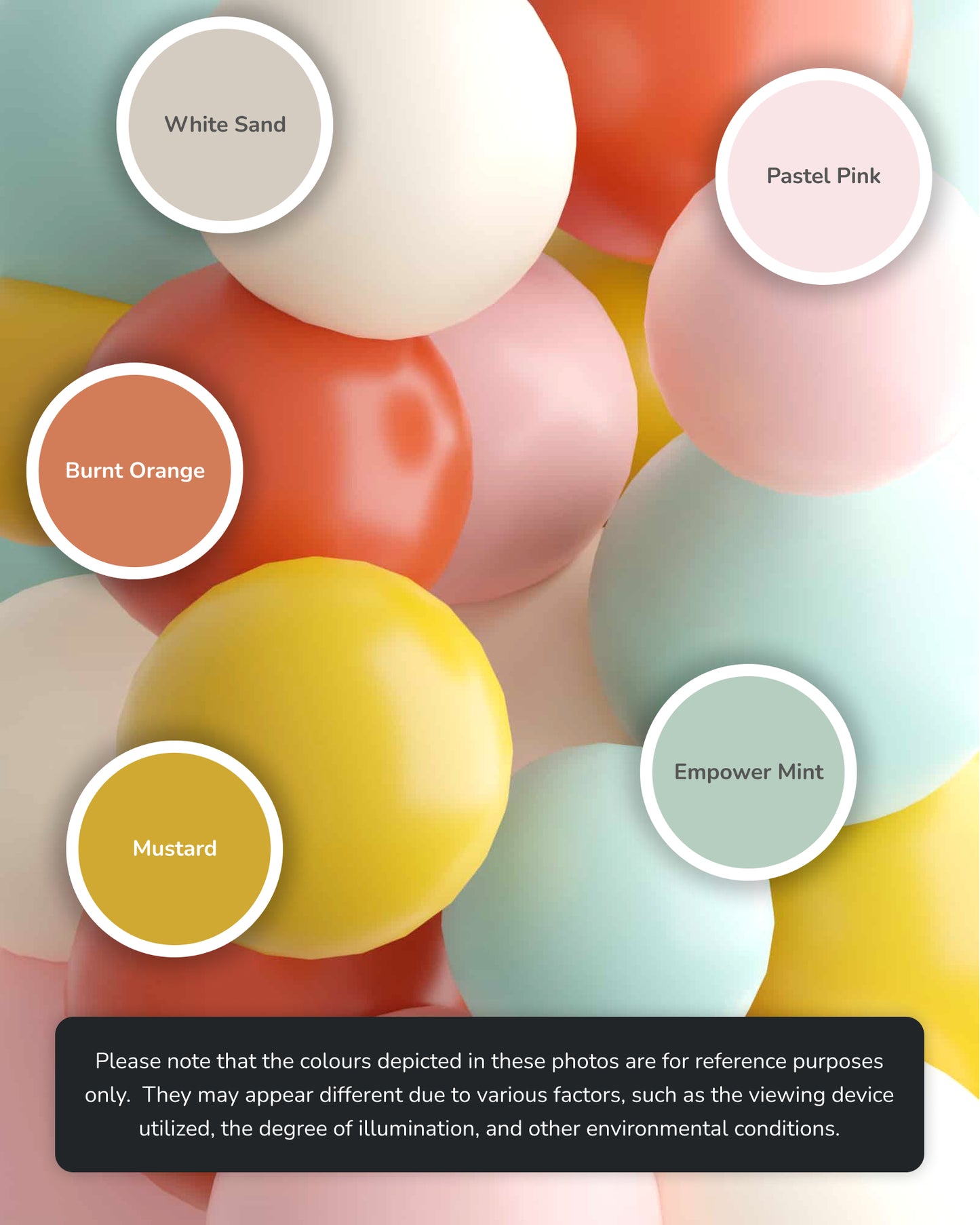 Colorful spherical shapes in pastel hues, with labels for White Sand, Pastel Pink, Burnt Orange, Mustard, and Empower Mint.