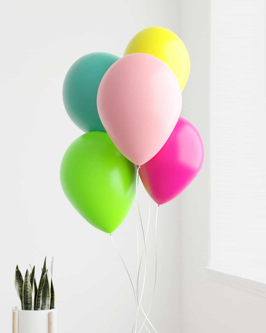 A vibrant cluster of balloons in pink, green, yellow, blue, and purple, beside a potted plant against a bright wall.