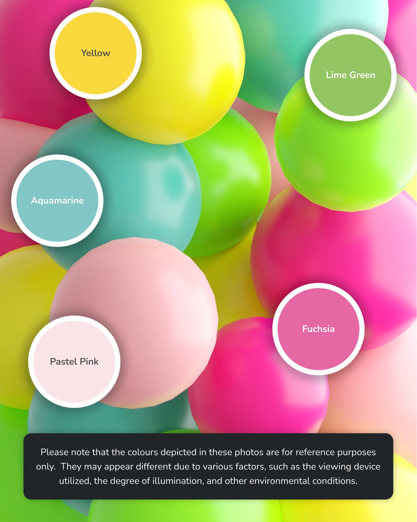 Colorful spheres in shades of yellow, aquamarine, lime green, fuchsia, and pastel pink arranged playfully.