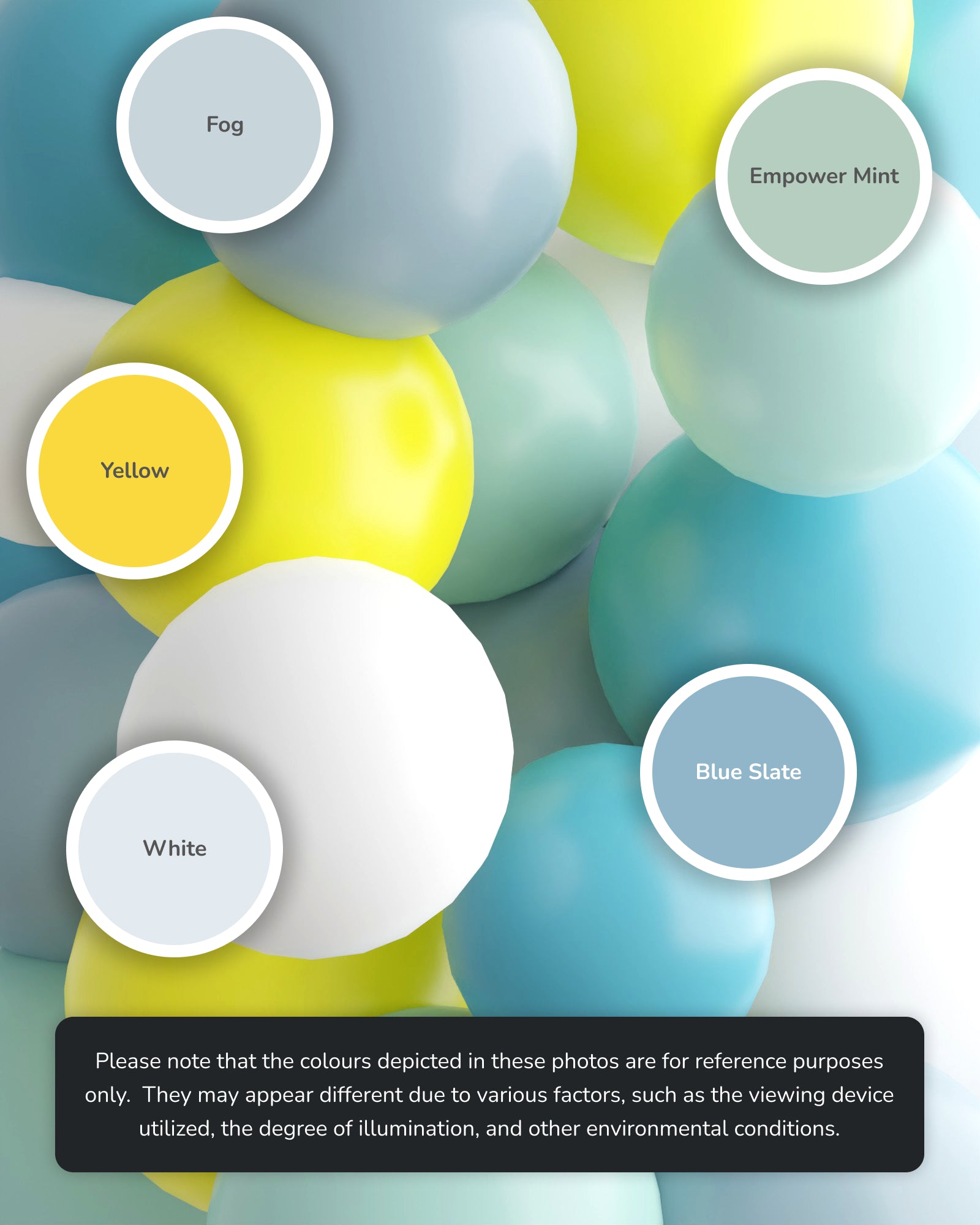 Colorful spheres in soft pastel shades, labeled with names like Fog, Yellow, and Empower Mint.