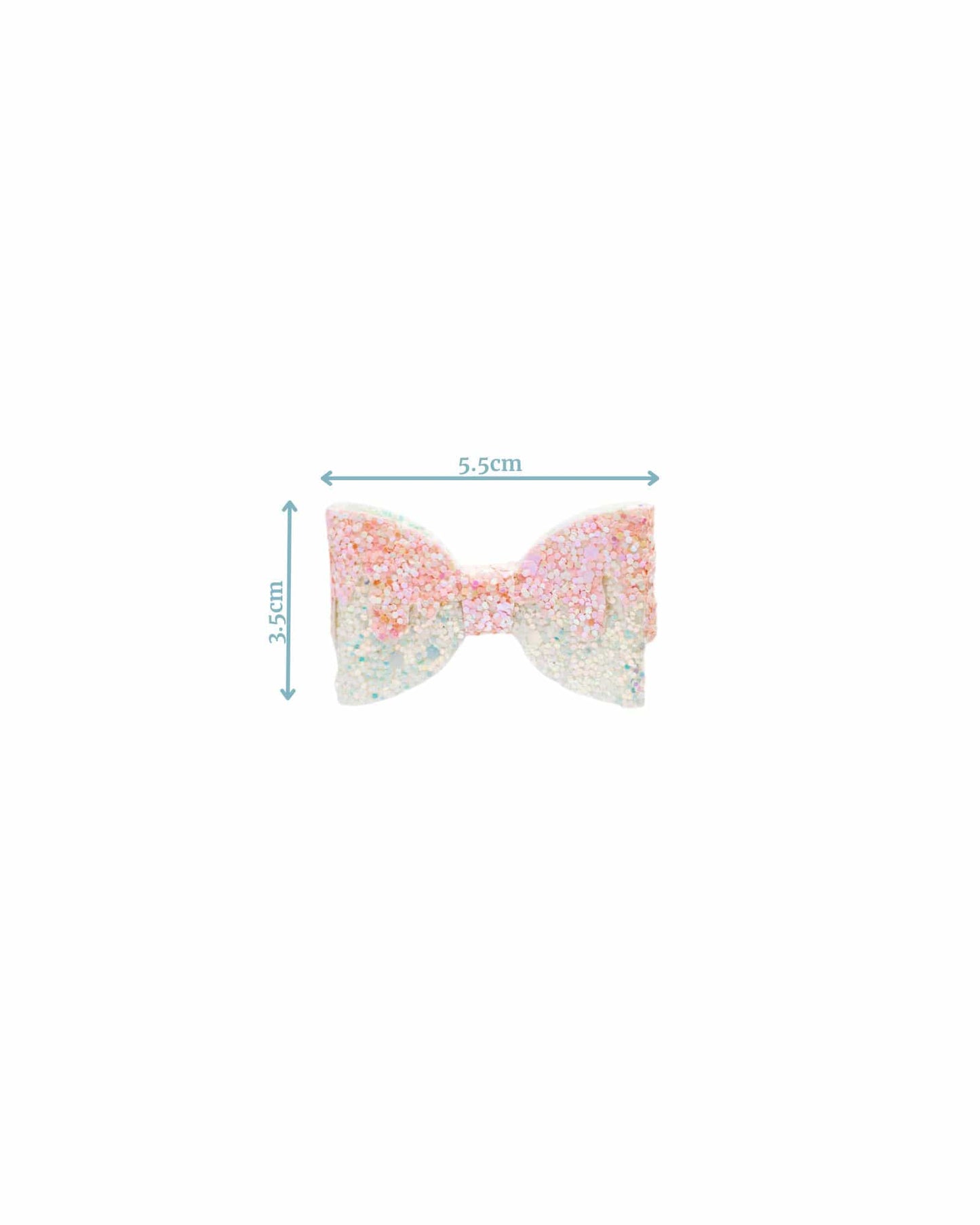 Sparkling pastel bow with iridescent glitter, measuring 5.5cm wide and 3.5cm tall, perfect for embellishing accessories.