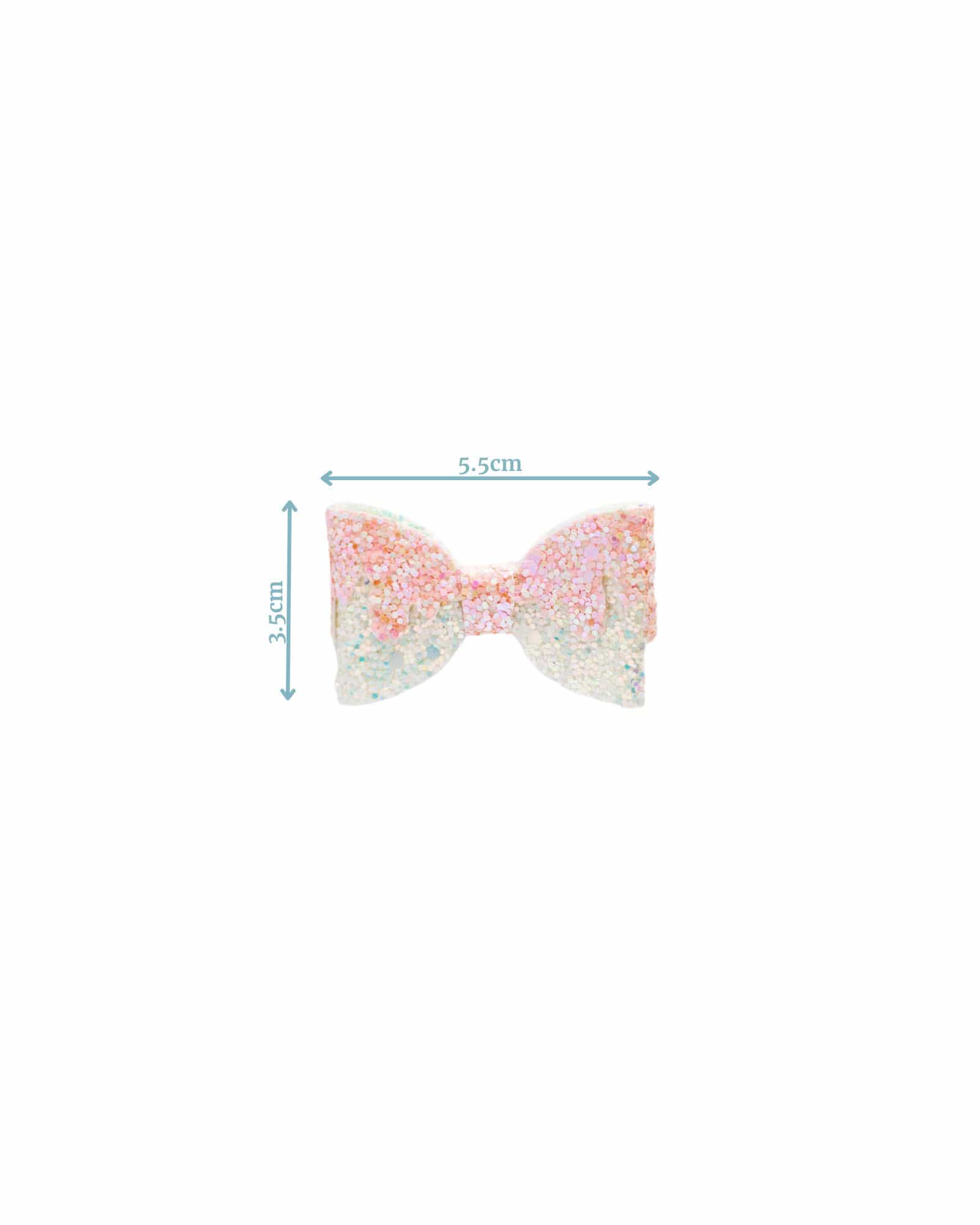 Sparkling pastel bow with iridescent glitter, measuring 5.5cm wide and 3.5cm tall, perfect for embellishing accessories.
