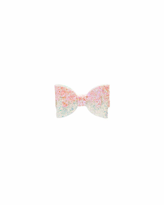 A sparkling pastel bow with a mix of pink and blue glitter, adding a whimsical touch to accessories.