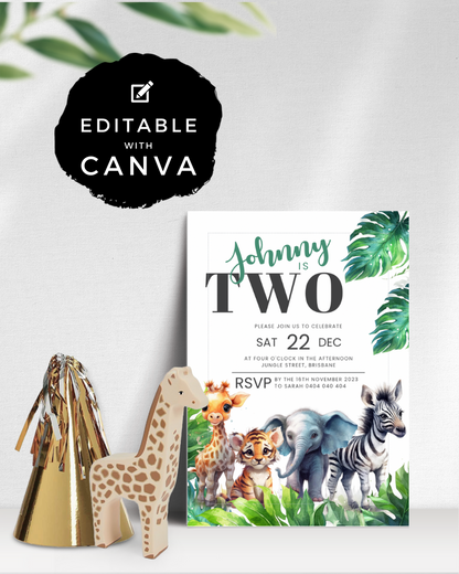 A festive invitation featuring colorful animals, tropical leaves, and party decorations for a second birthday celebration.