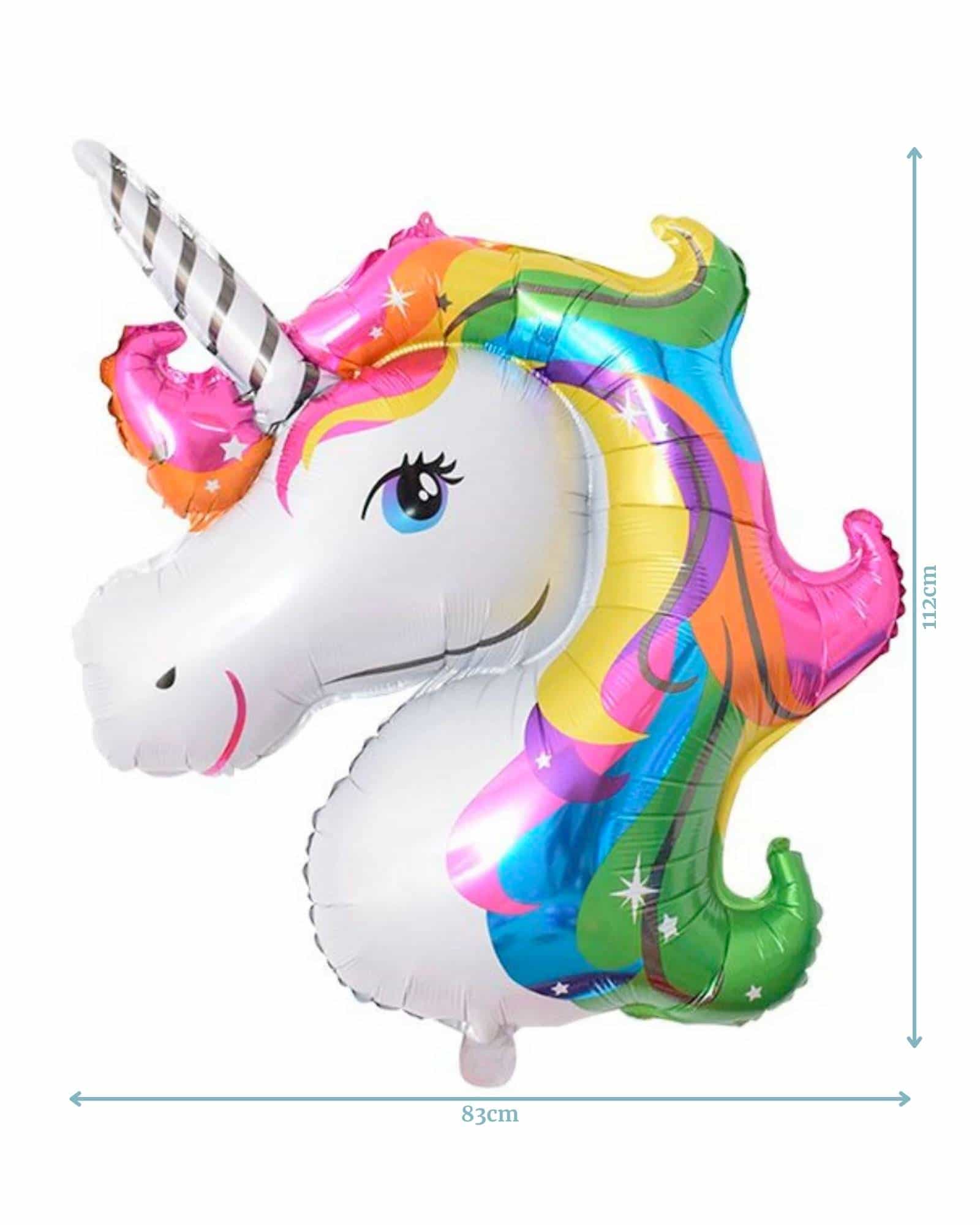A vibrant unicorn-shaped balloon featuring a multicolored mane, sparkling details, and measurements of 112cm by 83cm.