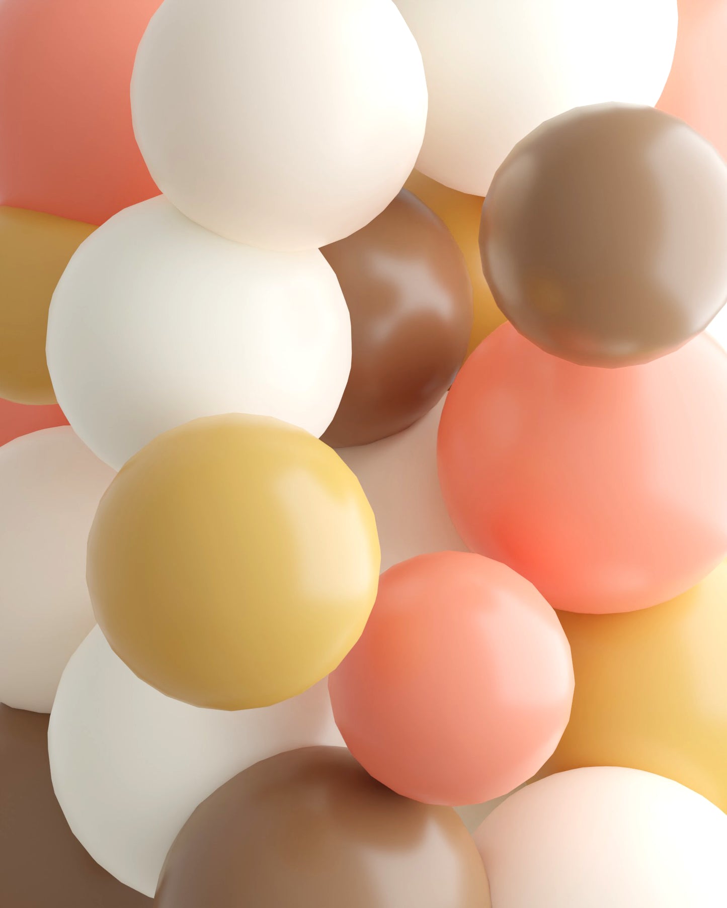 A vibrant mix of glossy spheres in warm shades of peach, cream, brown, and gold, creating a playful, colorful arrangement.