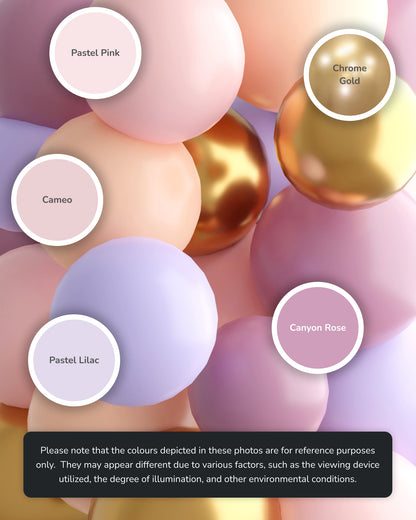 A vibrant arrangement of pastel spheres in shades of pink, lilac, and gold, featuring color labels for reference.