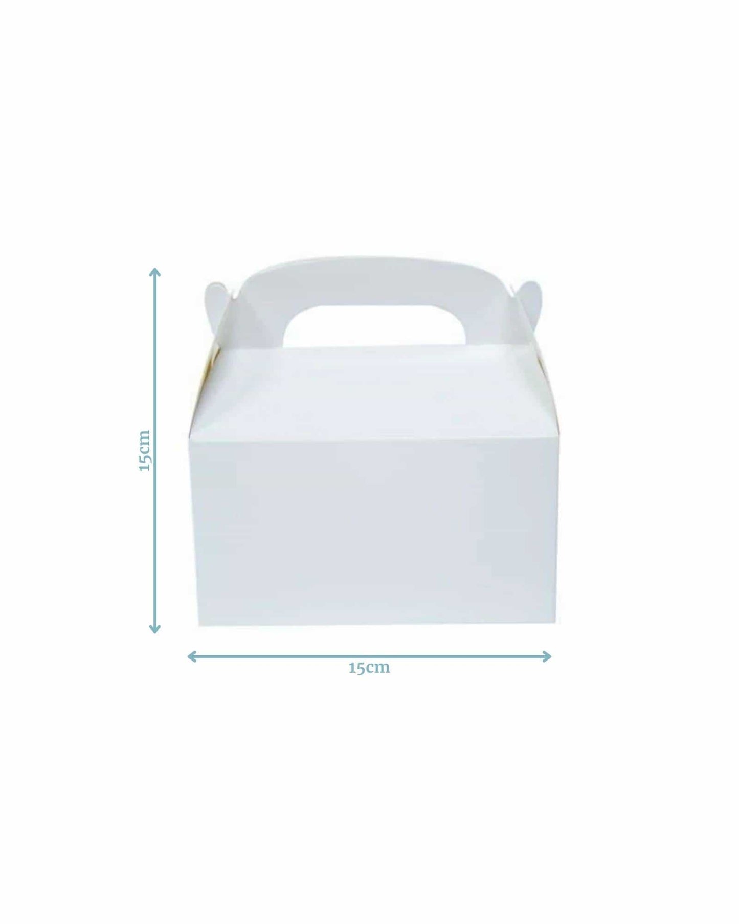 White container with a handle, measuring 15cm on each side and 15cm tall, showcasing a minimalistic style.