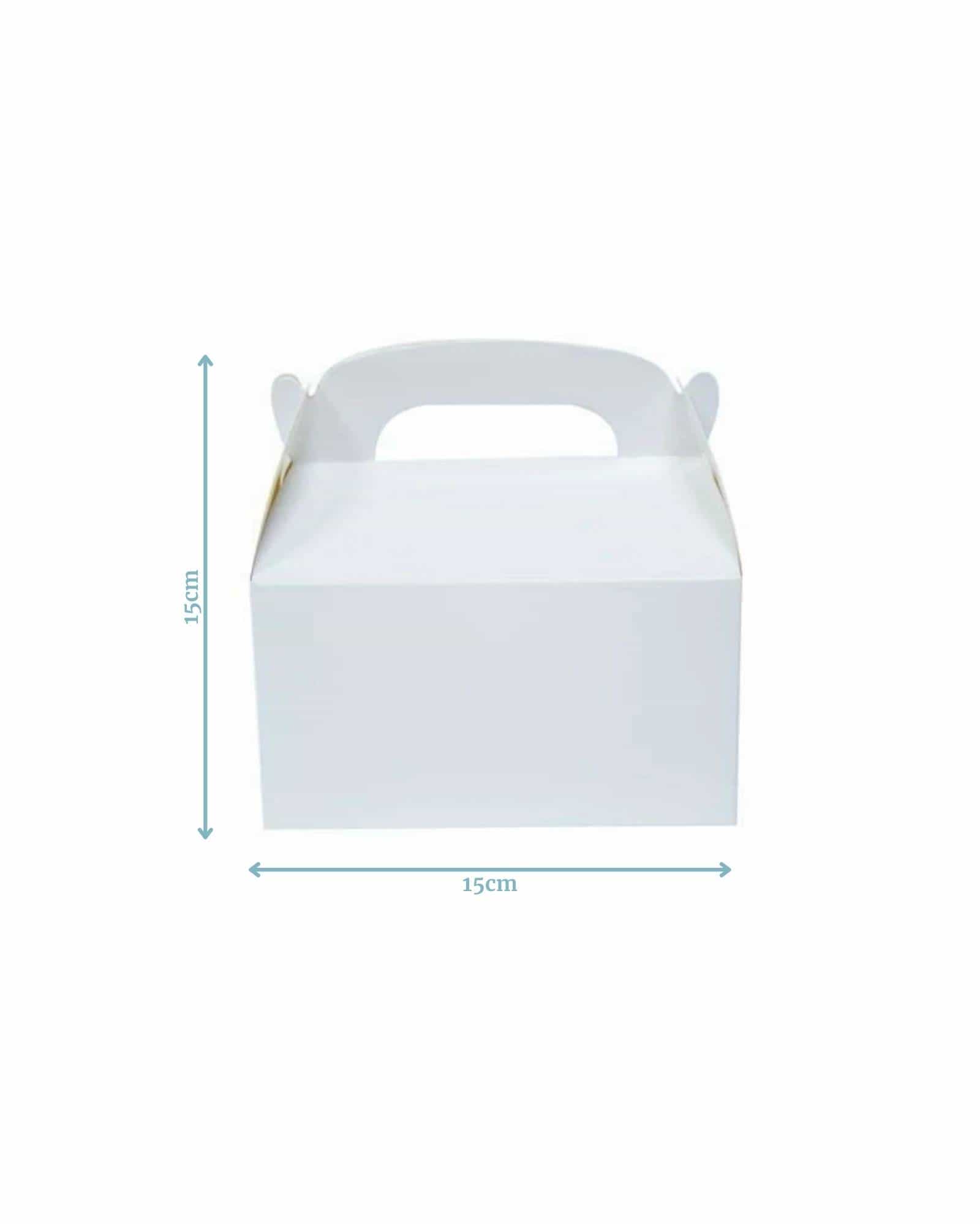 White container with a handle, measuring 15cm on each side and 15cm tall, showcasing a minimalistic style.