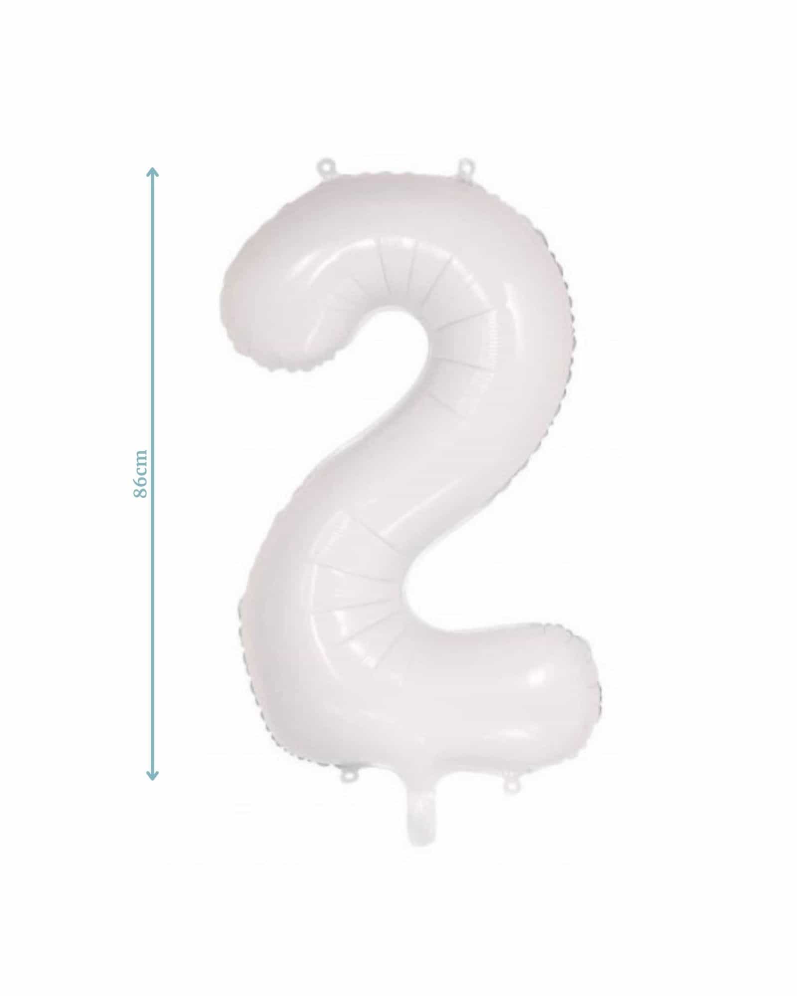 White inflated number two balloon with measurement of 86 cm, featuring a glossy finish and hanging loops.