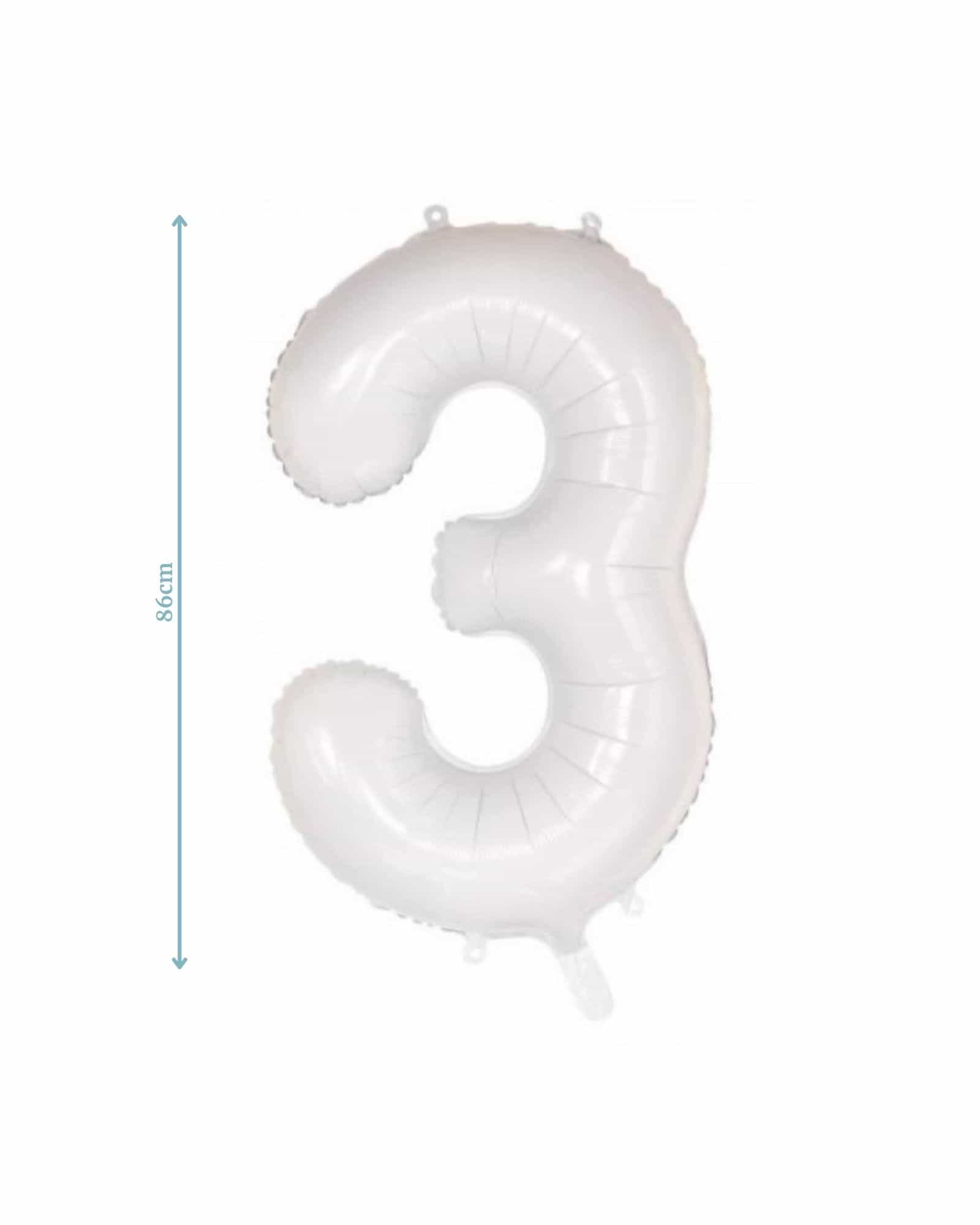 White foil balloon shaped like the number three, measuring 86 cm in height.