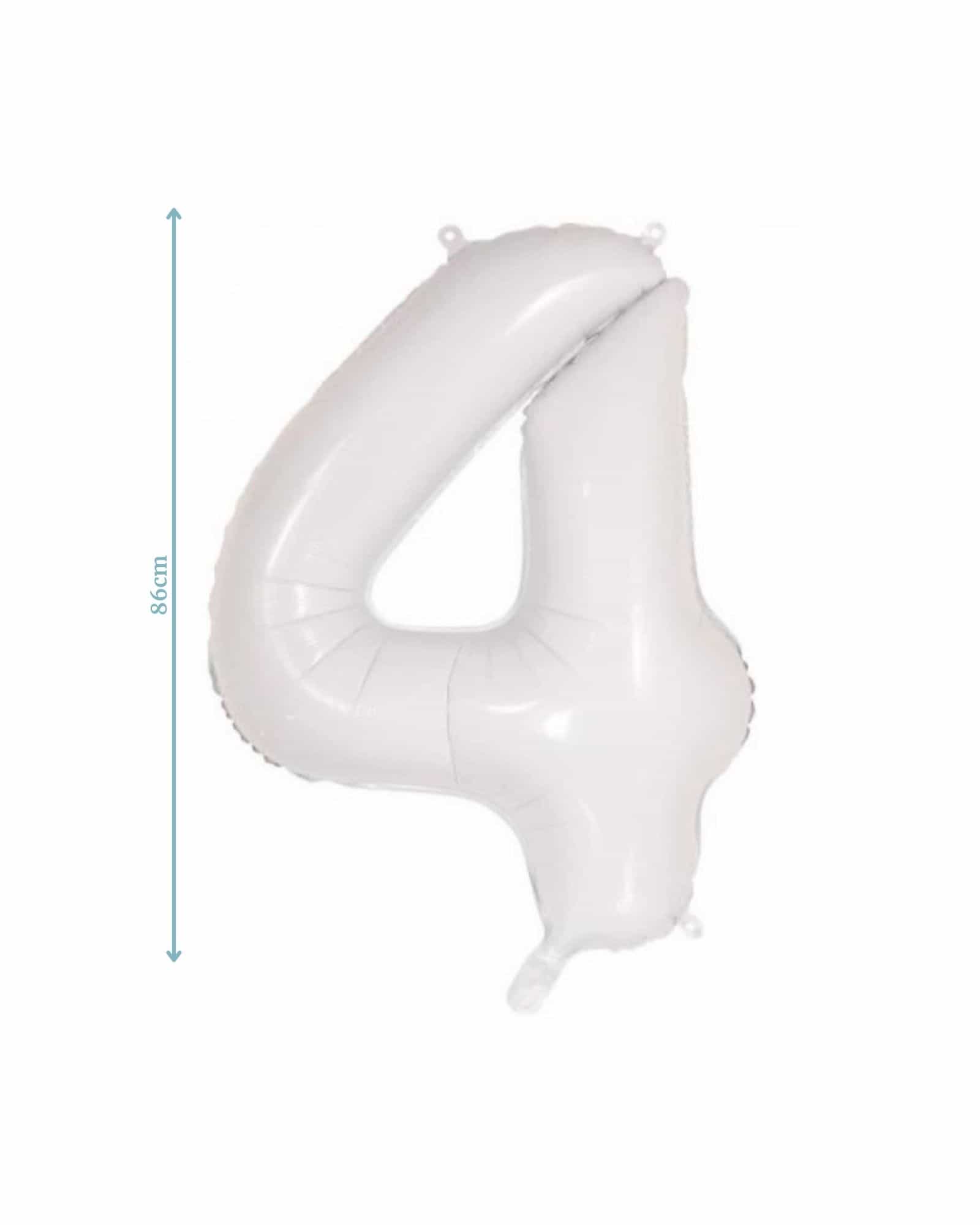 Large white number "4" balloon, measuring 86 cm, with a glossy finish and attachment points for hanging.