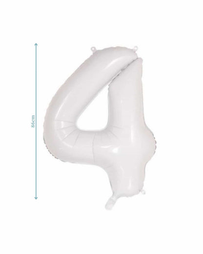 Large white number "4" balloon, measuring 86 cm, with a glossy finish and attachment points for hanging.