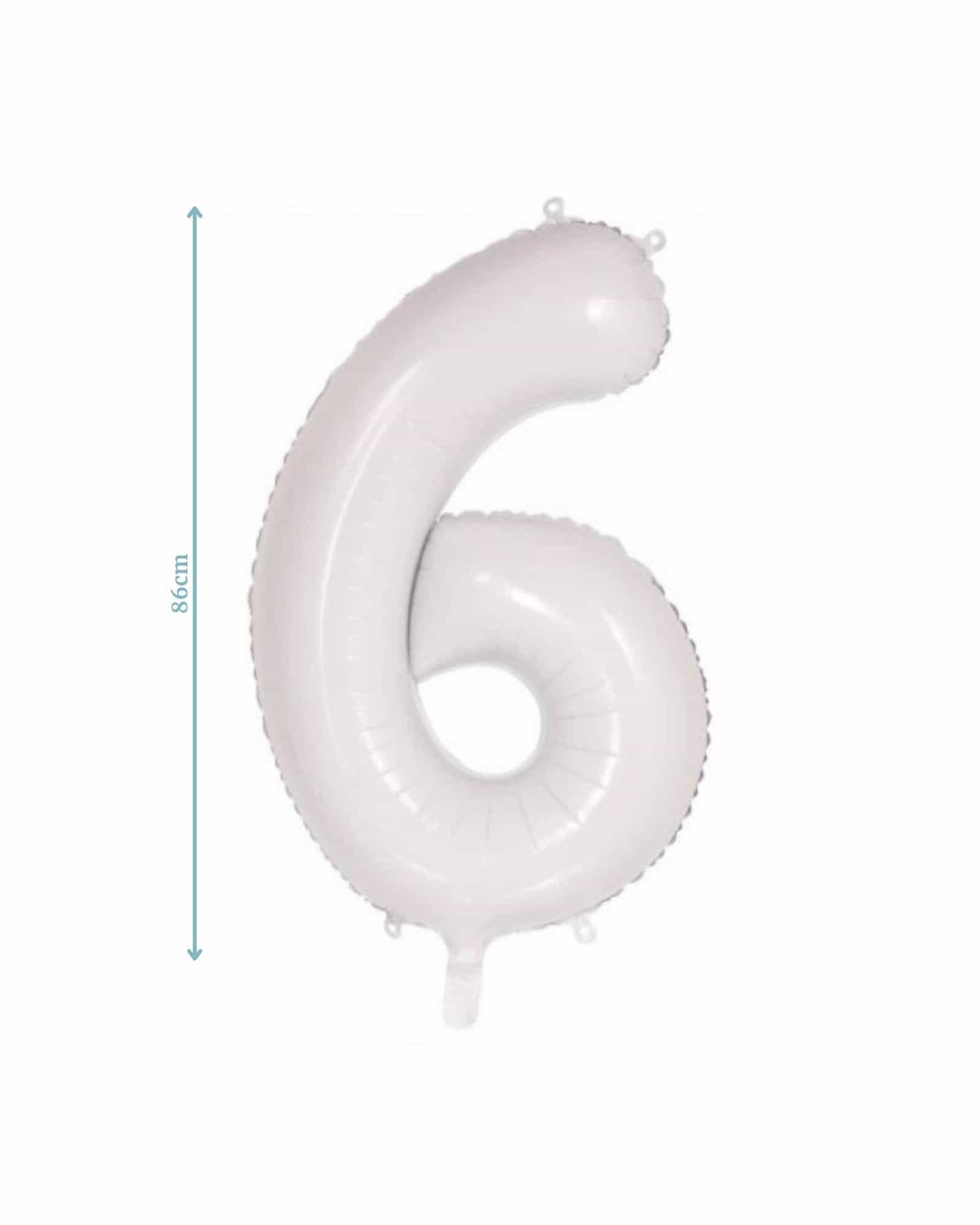 White number six balloon, measuring 86cm, with a glossy finish and attached loop for hanging.