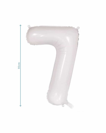 White number 7 balloon with a height of 86 cm, featuring a glossy finish and rounded edges, displayed vertically.