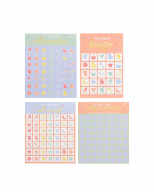 Colorful baby shower bingo game sheets featuring playful icons and vibrant pastel backgrounds for fun gatherings.