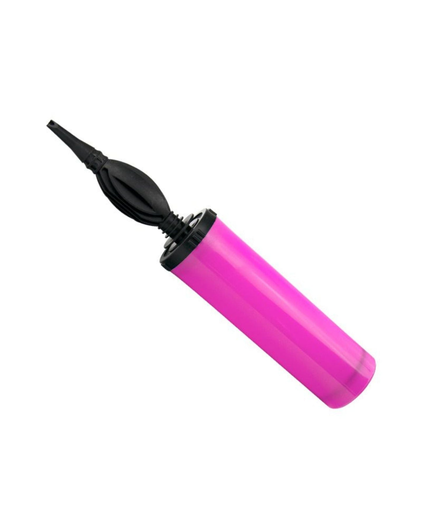 Bright pink air pump with a black nozzle, designed for inflating lightweight objects efficiently.