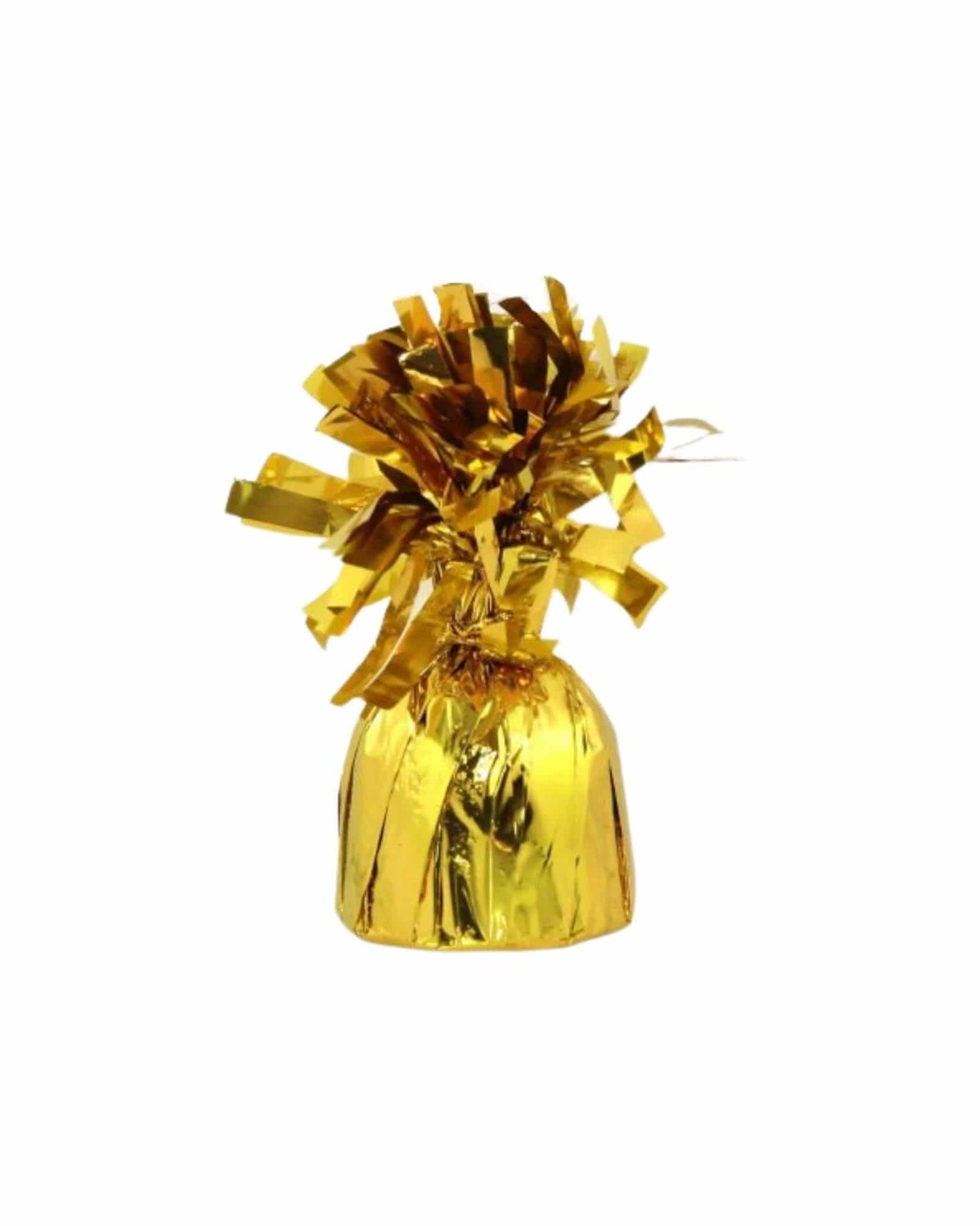 Shiny gold balloon weight with a textured top, featuring cascading metallic ribbons for added flair.