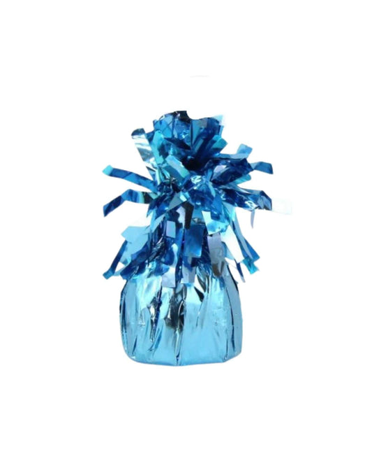 Shiny light blue balloon weight with decorative fringes, adding a festive touch to celebrations or events.