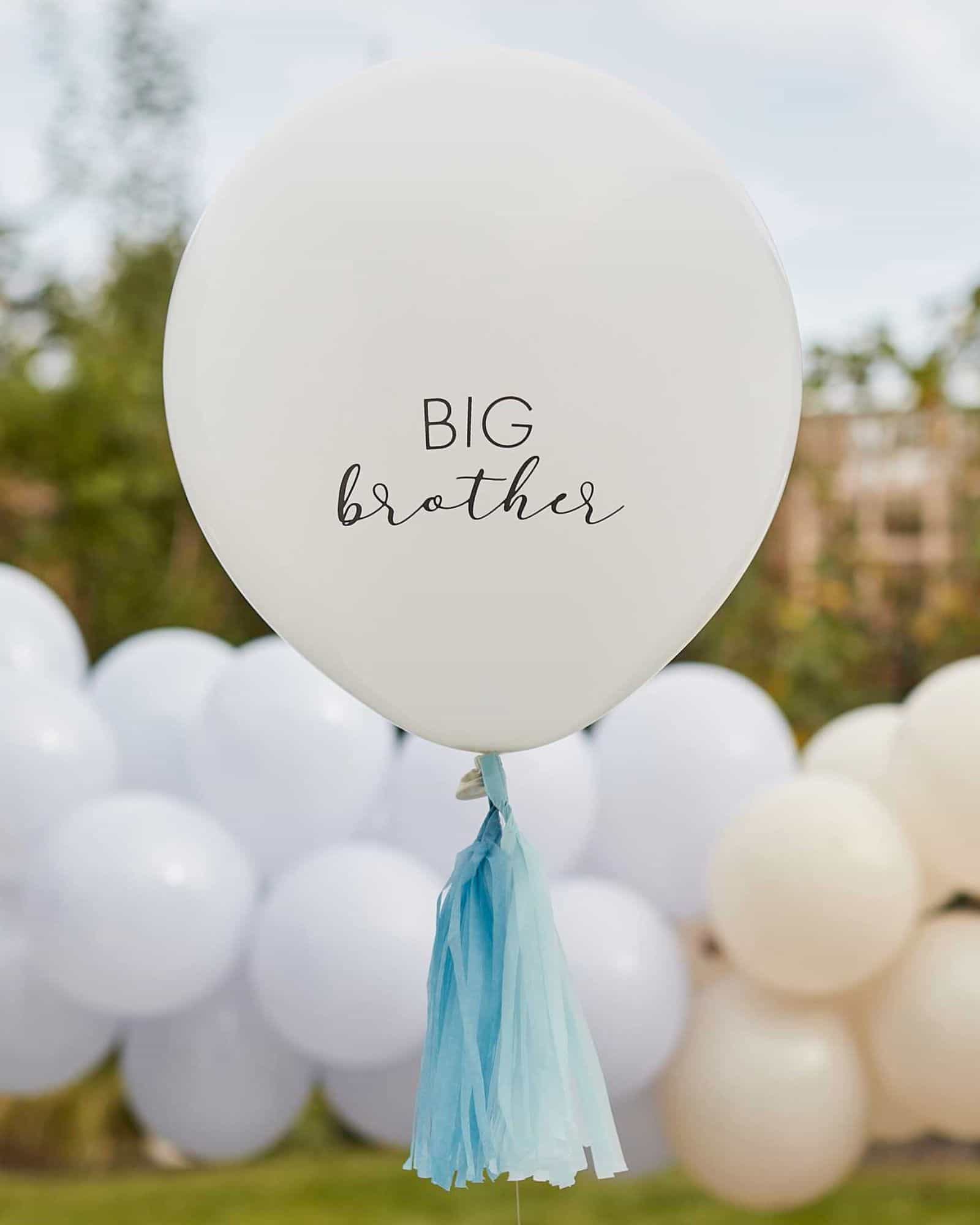 White balloon with "BIG brother" text and blue tassels, set against a backdrop of soft pastel balloons.