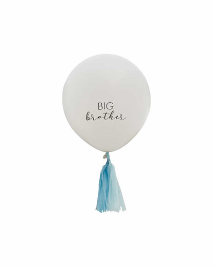 White balloon with "BIG brother" in elegant script, adorned with a blue tassel for celebration.