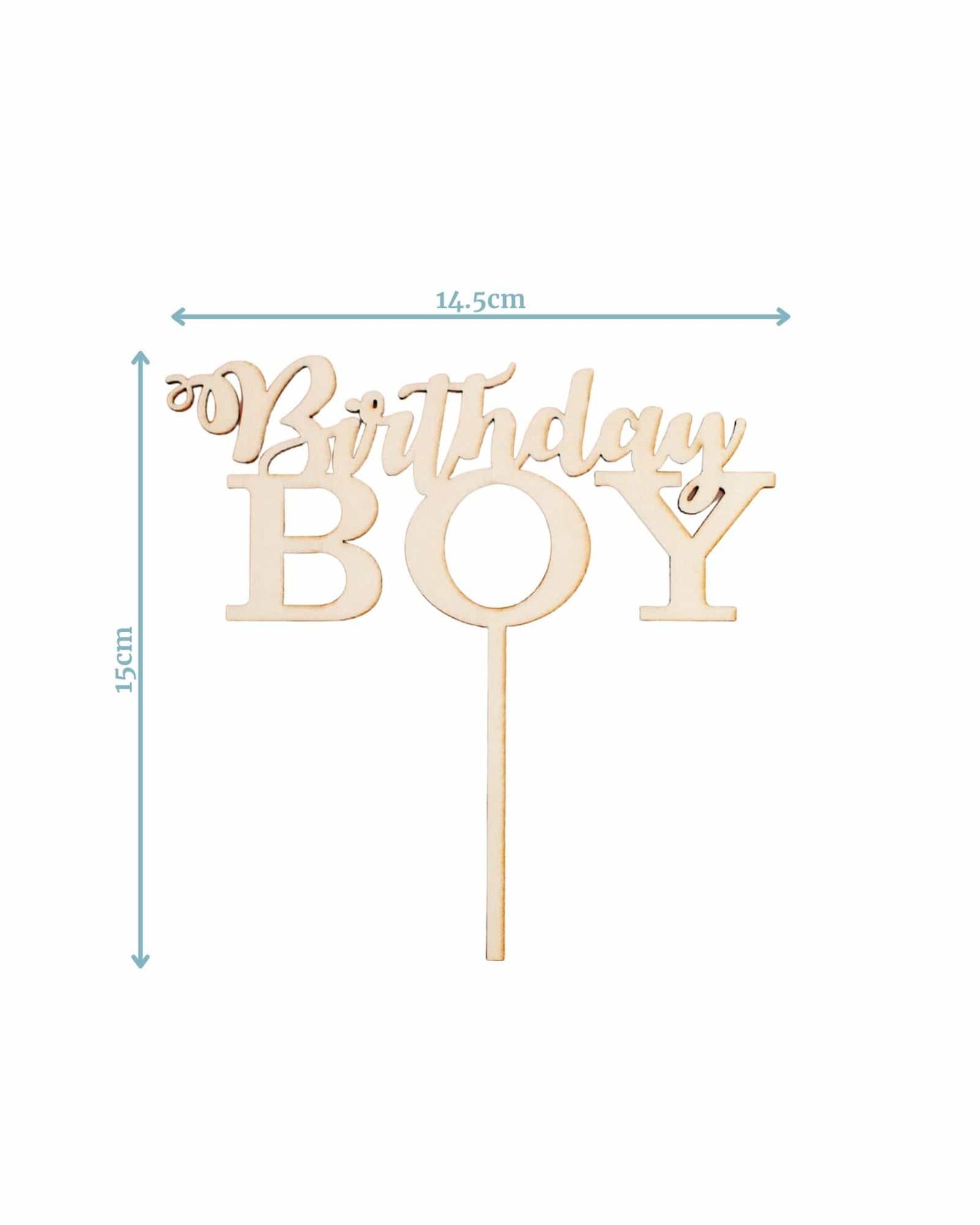 A wooden topper with "Birthday Boy" in playful lettering, measuring 14.5 cm wide and 15 cm tall.