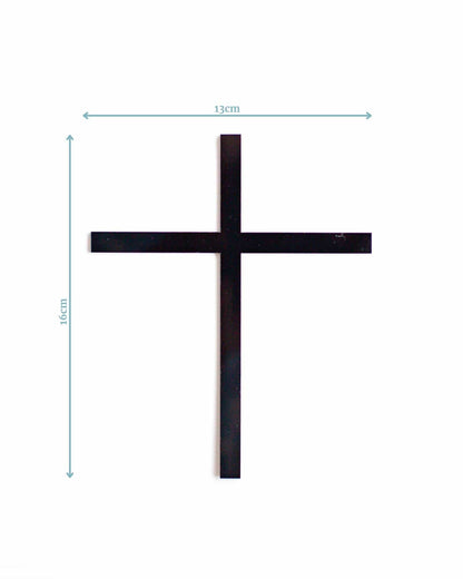 Black cross cake topper with dimensions 16cm tall and 13cm wide, set against a plain white background.