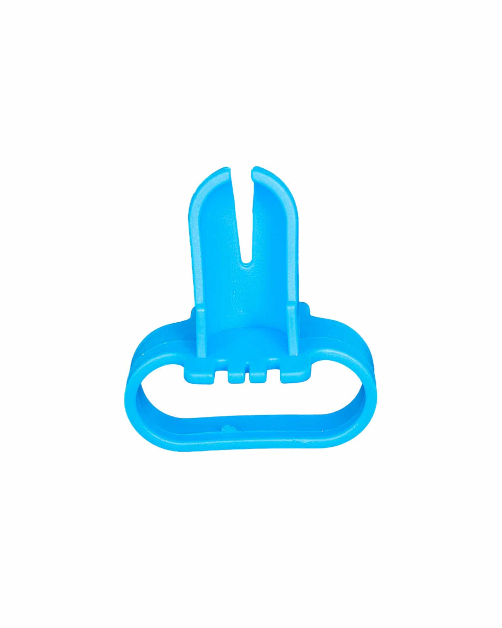 Bright blue tool with a split design, featuring an oval handle and two prongs for secure gripping.