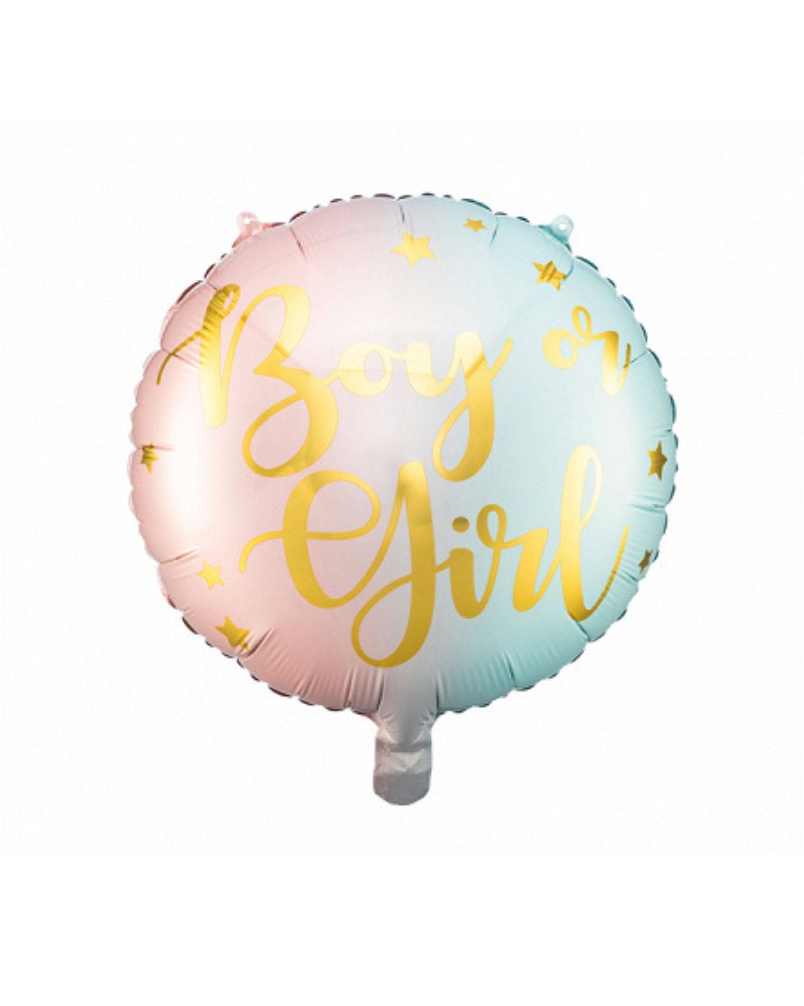 A round balloon featuring the text "Boy or Girl" in gold against a pastel gradient with small stars.