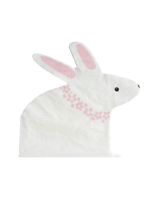 White bunny-shaped napkin with pink ears and a floral pattern along the bottom, adding a playful touch to dining.