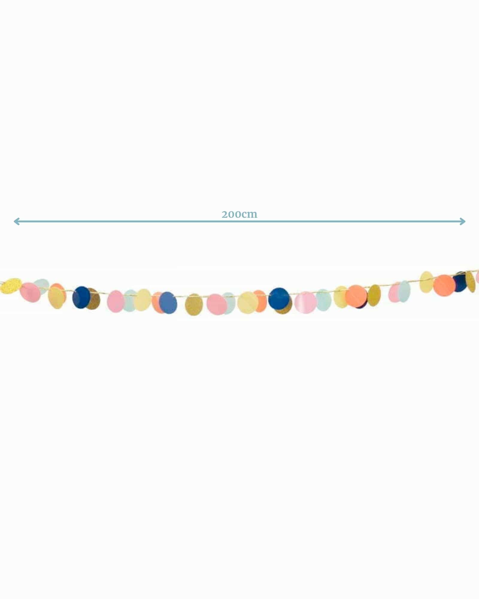 Colorful circular decorations strung together, measuring 200cm, with a mix of pastel and metallic shades.