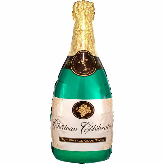 A large, green champagne bottle balloon with a golden top and elegant label, perfect for celebrations and parties.