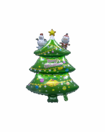 Shiny green Christmas tree balloon adorned with colorful ornaments, a star, and cheerful snowmen on top.