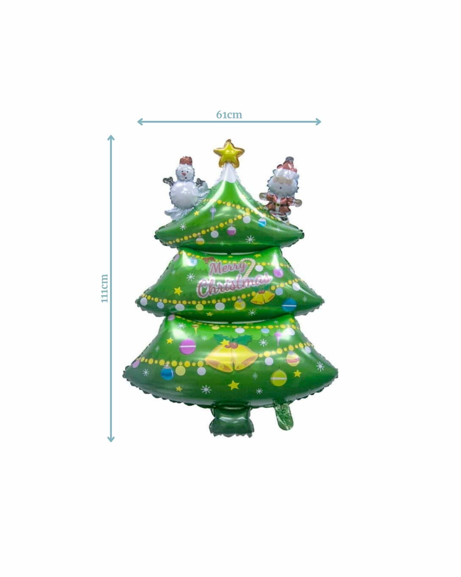 Bright green balloon shaped like a Christmas tree, featuring snowmen and a star, with festive decorations and measurements.