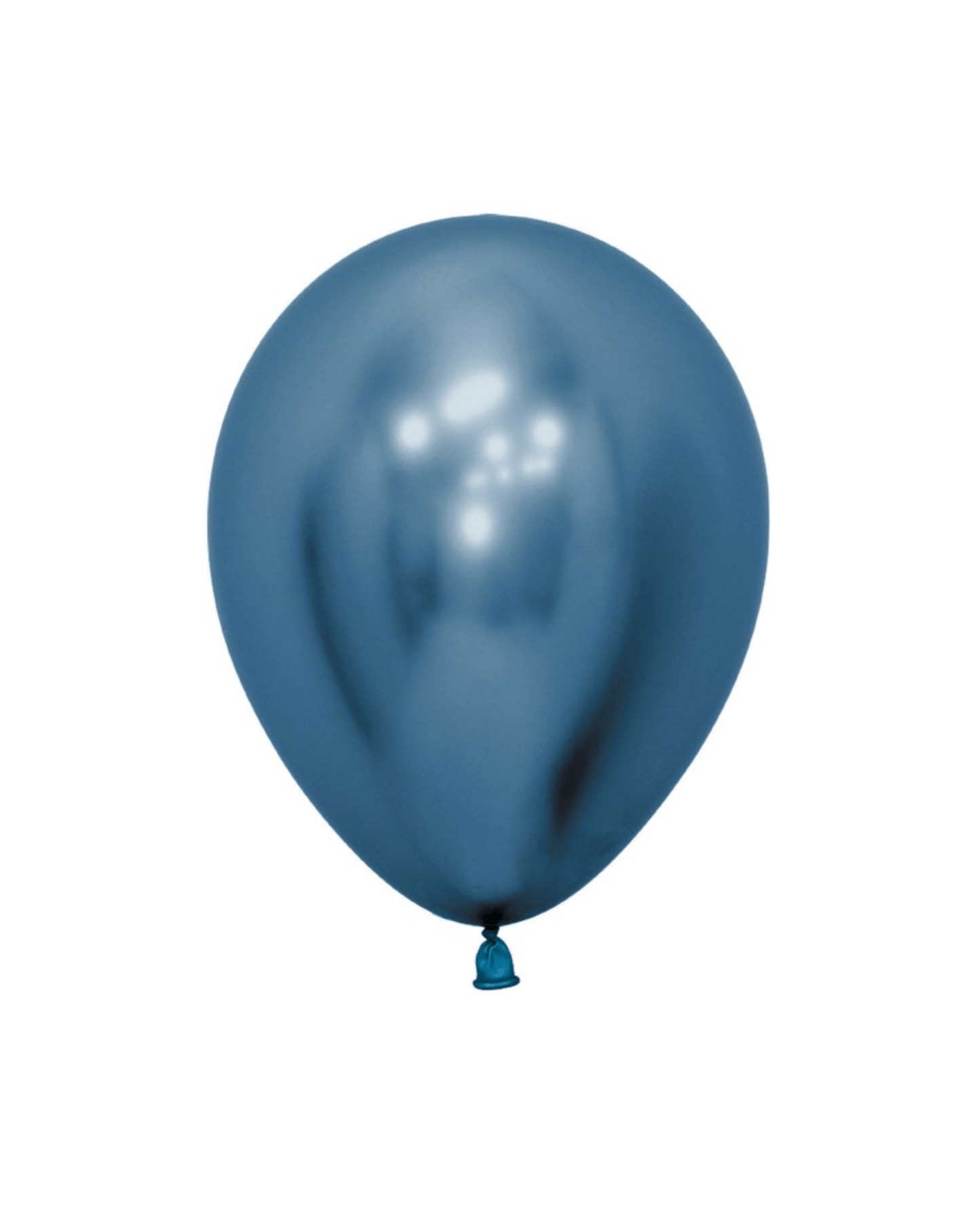 Shiny chrome blue balloon with a smooth surface, hanging from a small knot at the bottom against a white background.