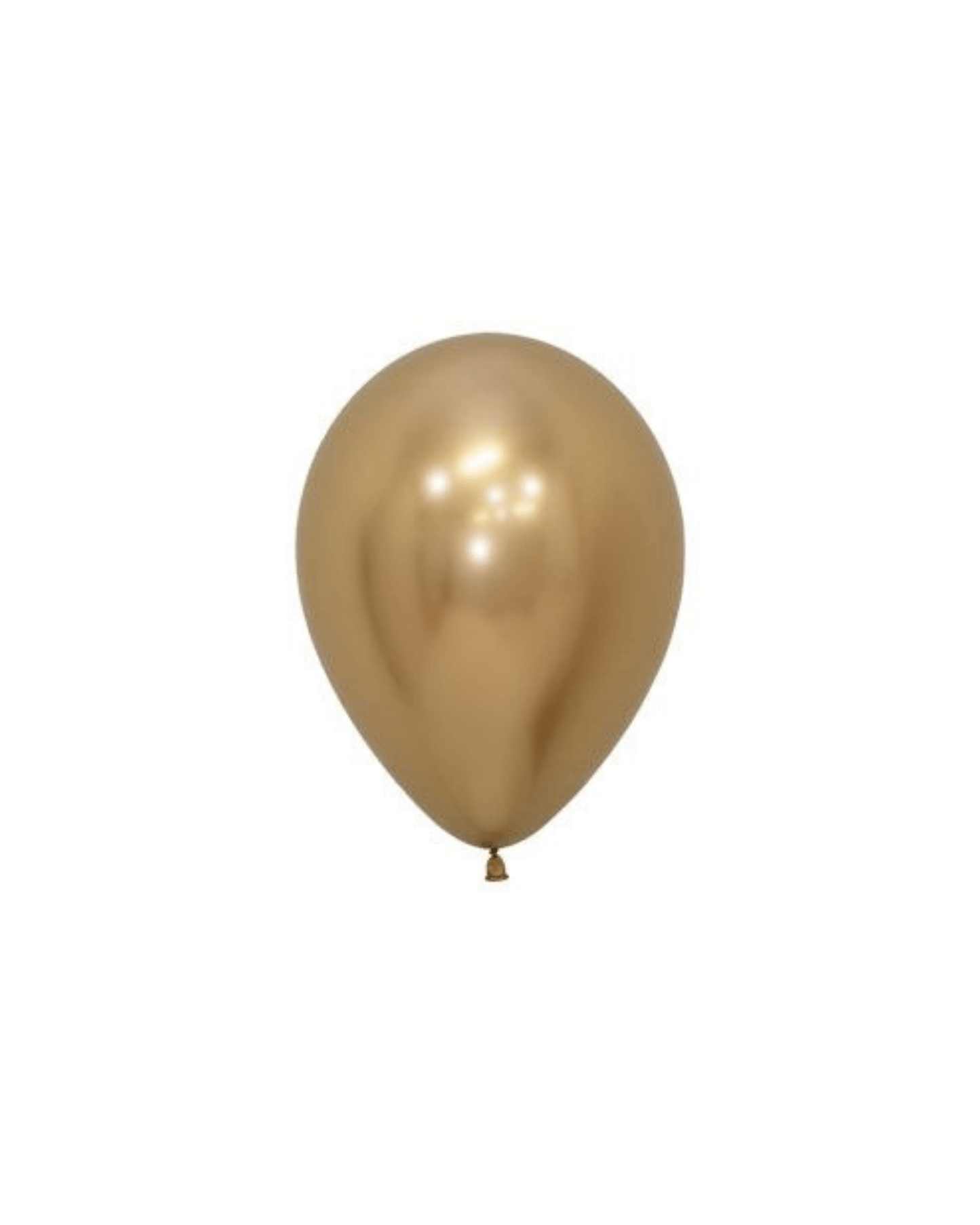 Shiny gold balloon with a smooth surface, reflecting light, set against a plain white background.