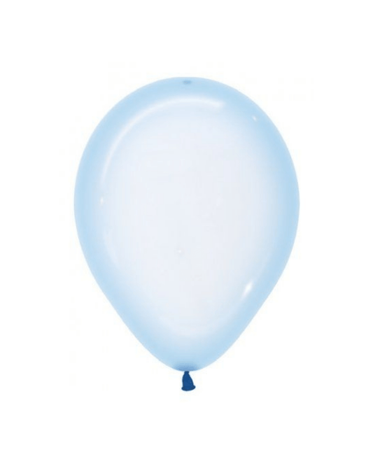 Pastel blue balloon with a smooth surface, tied at the bottom with a dark blue knot, on a white background.