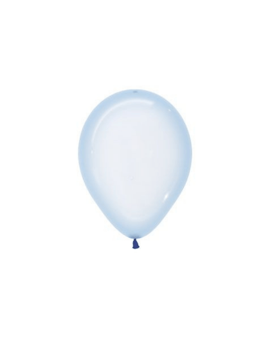 Pastel blue balloon with a smooth surface, featuring a dark blue knot at the bottom.