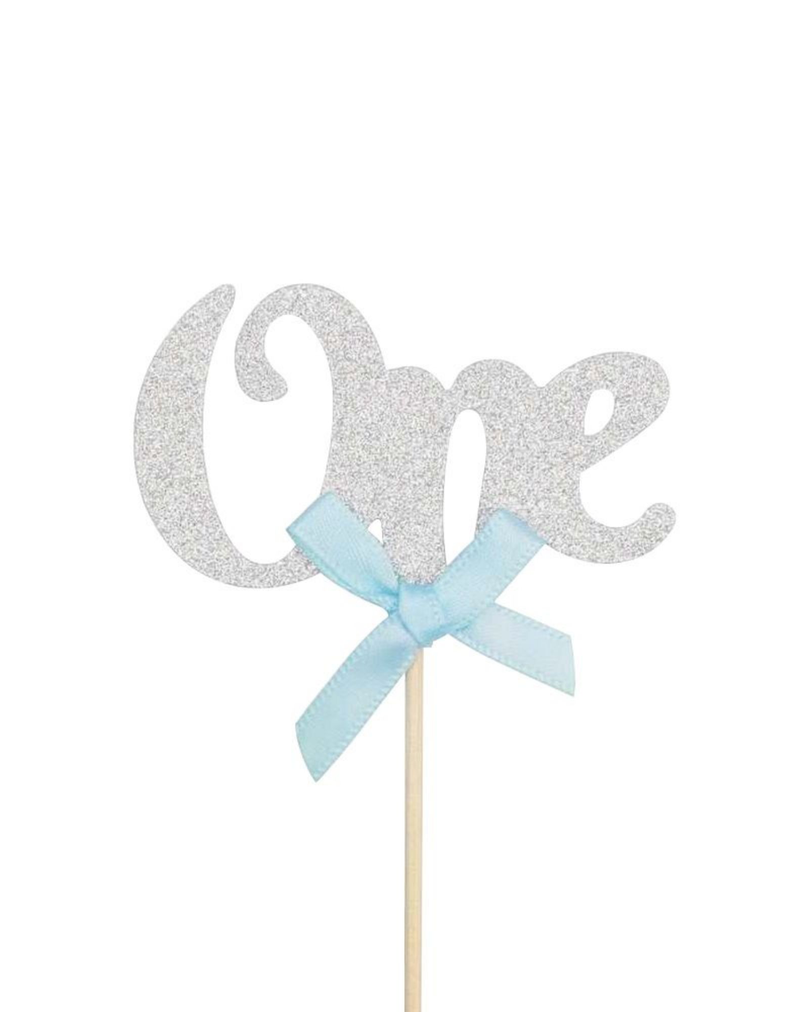 Silver "One" topper embellished with a light blue bow, perfect for celebrating a milestone.