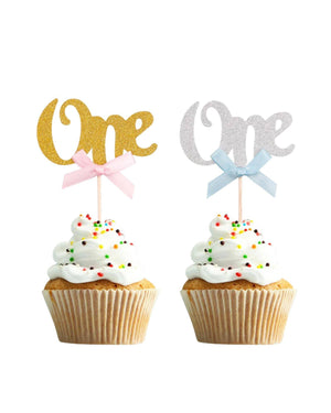 
            
                Load image into Gallery viewer, Cupcake Picks &amp;#39;One&amp;#39; Silver with Blue Bow - A Little Whimsy
            
        