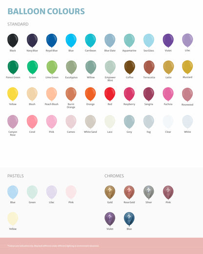 A colorful chart displaying various balloon colors, including standard, pastel, and chrome options.