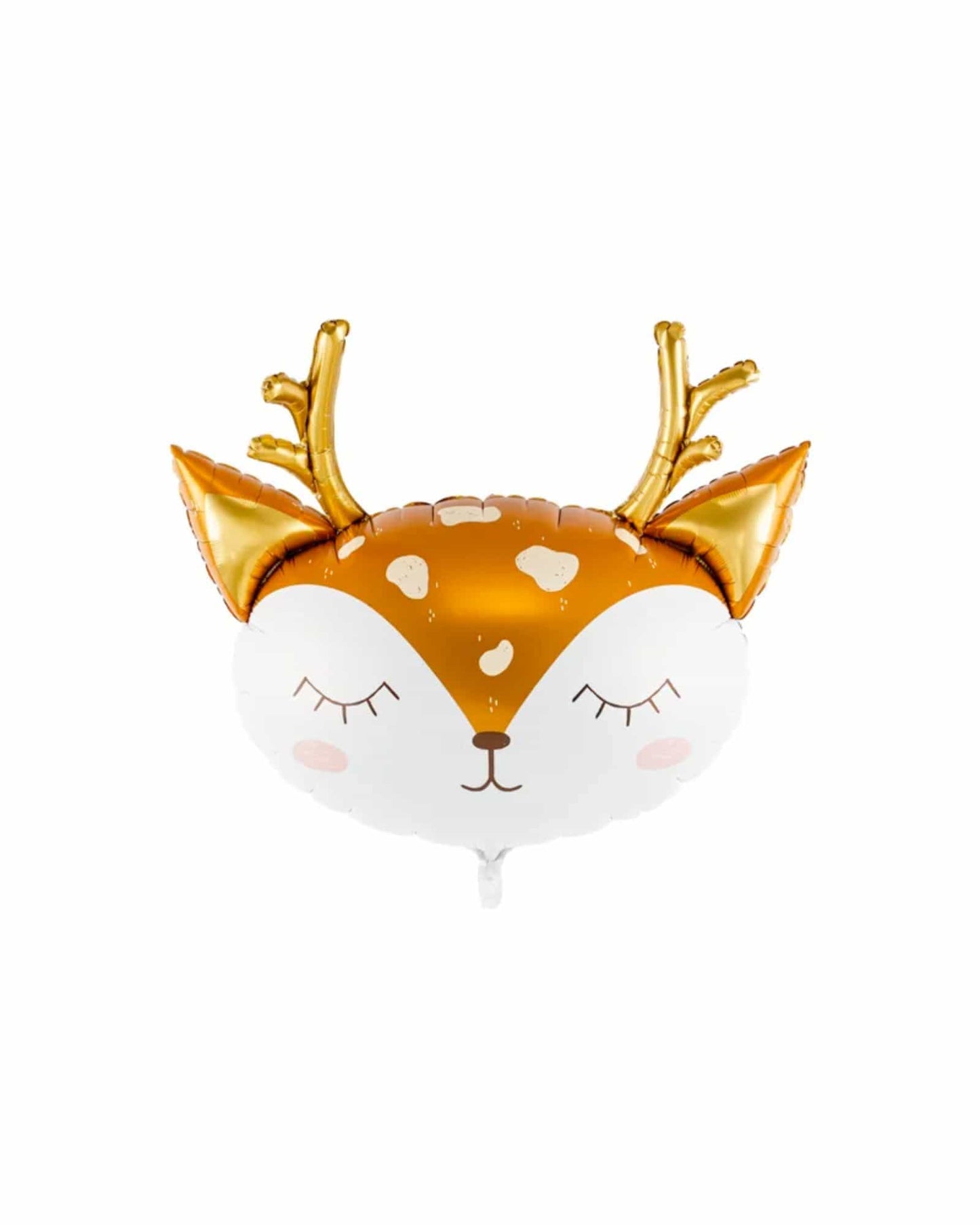 A whimsical deer head balloon with golden antlers and a serene expression, perfect for festive celebrations.