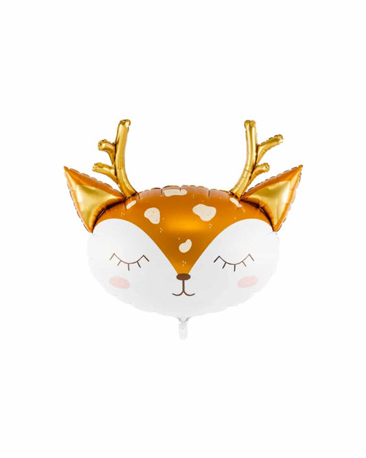 A whimsical deer head balloon with golden antlers and a serene expression, perfect for festive celebrations.