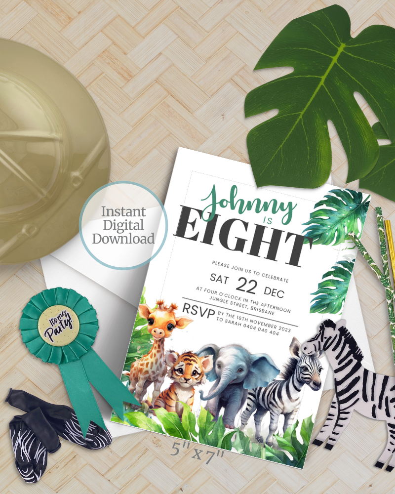 Colorful invitation featuring jungle animals and tropical leaves, celebrating a child's eighth birthday on December 22.