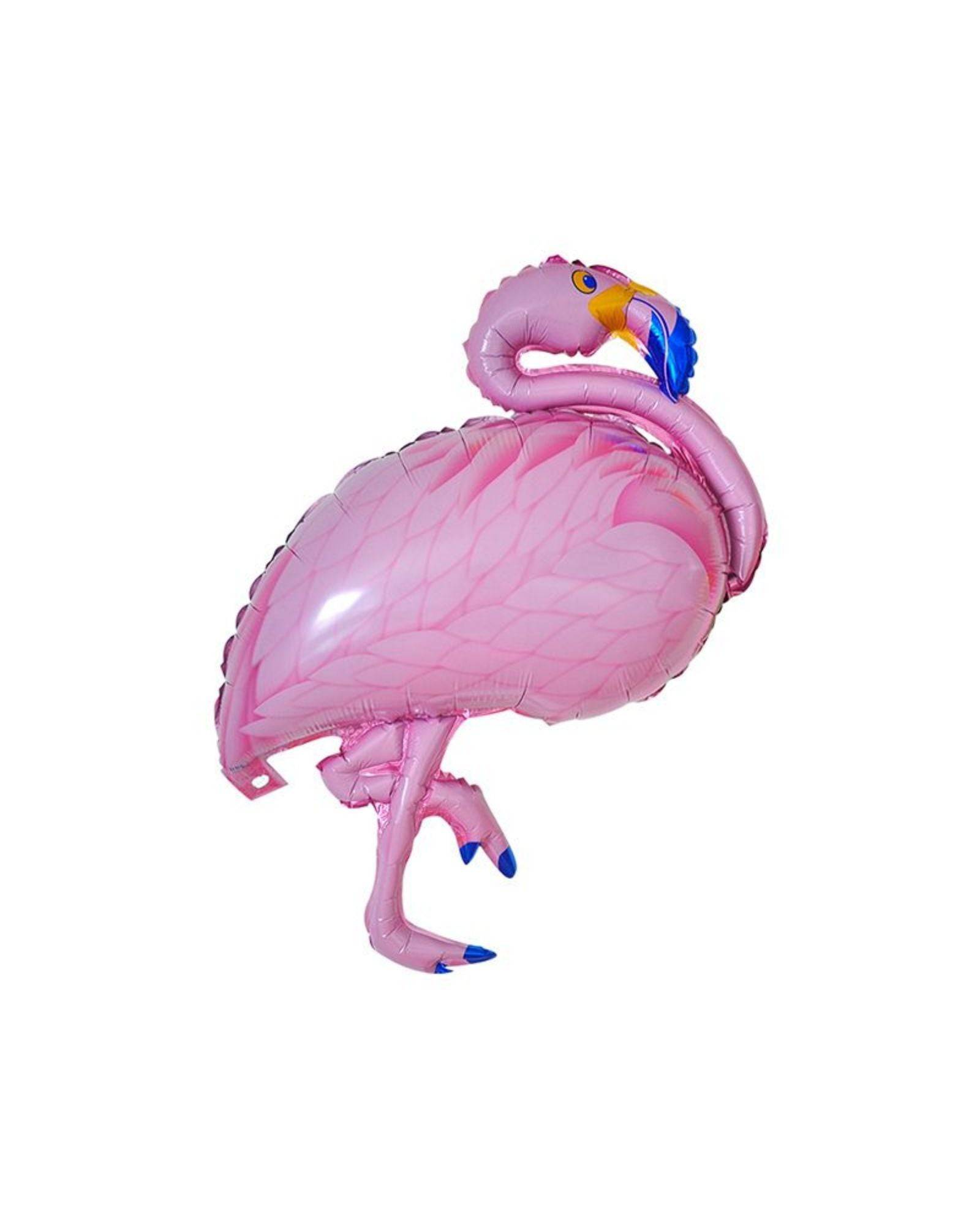 A shiny pink flamingo balloon with blue accents, posed in a playful, whimsical stance against a white background.