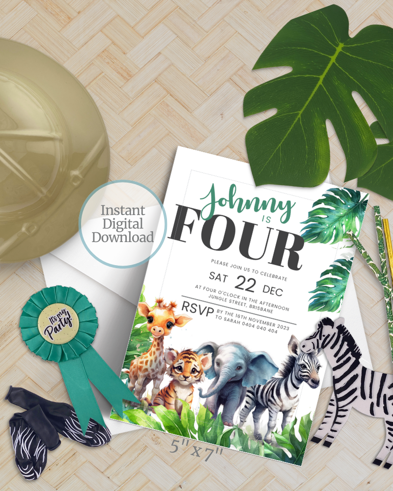 A vibrant invitation featuring playful animals and tropical leaves, celebrating a child's fourth birthday party.