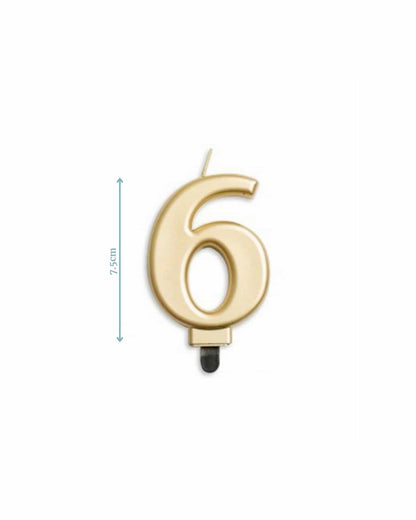 Gold number 6 candle, measuring 7.5 cm, with a sleek design and a thin wick at the top for easy lighting.