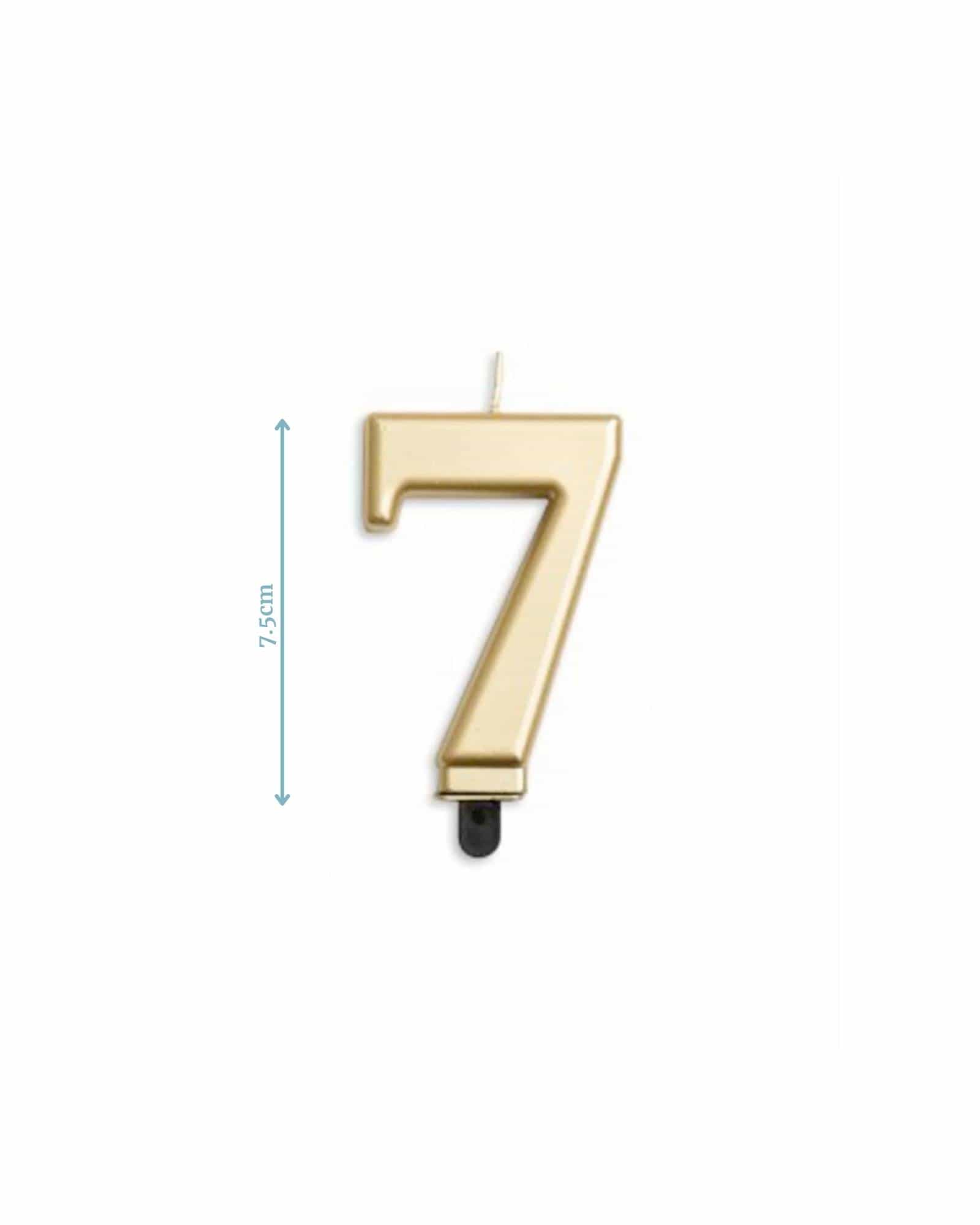 Gold number 7 candle, measuring 7.5 cm in height, with a sleek, shiny finish and a wick at the top.