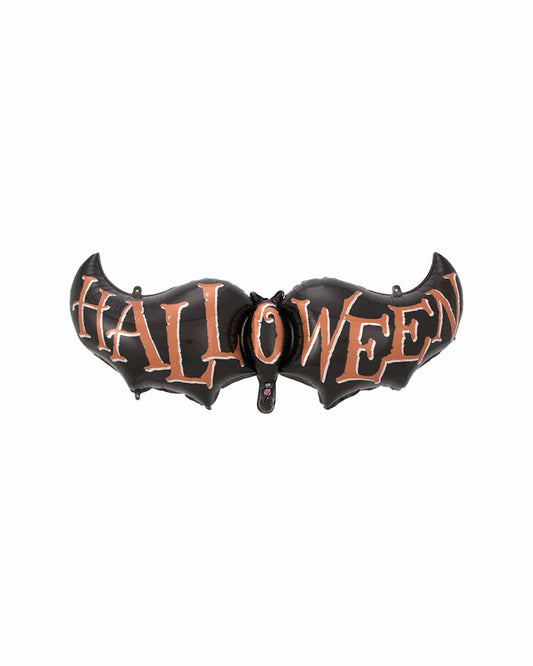 Black bat-shaped balloon with "HALLOWEEN" printed in orange, featuring a playful and festive design.